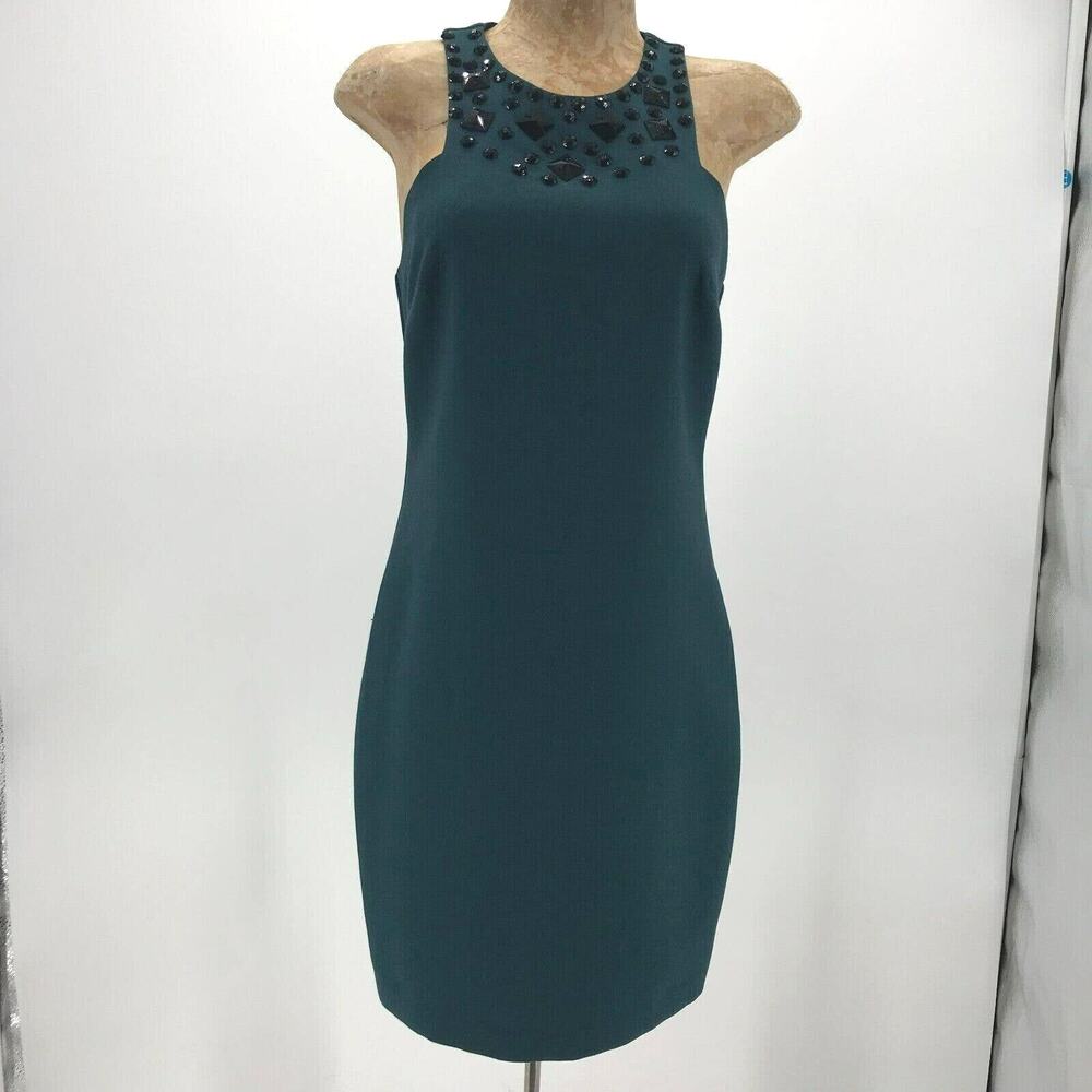 Annie Griffin Dress Womens 4 Teal Green Sheath Sleeveless Halter Jeweled Collar